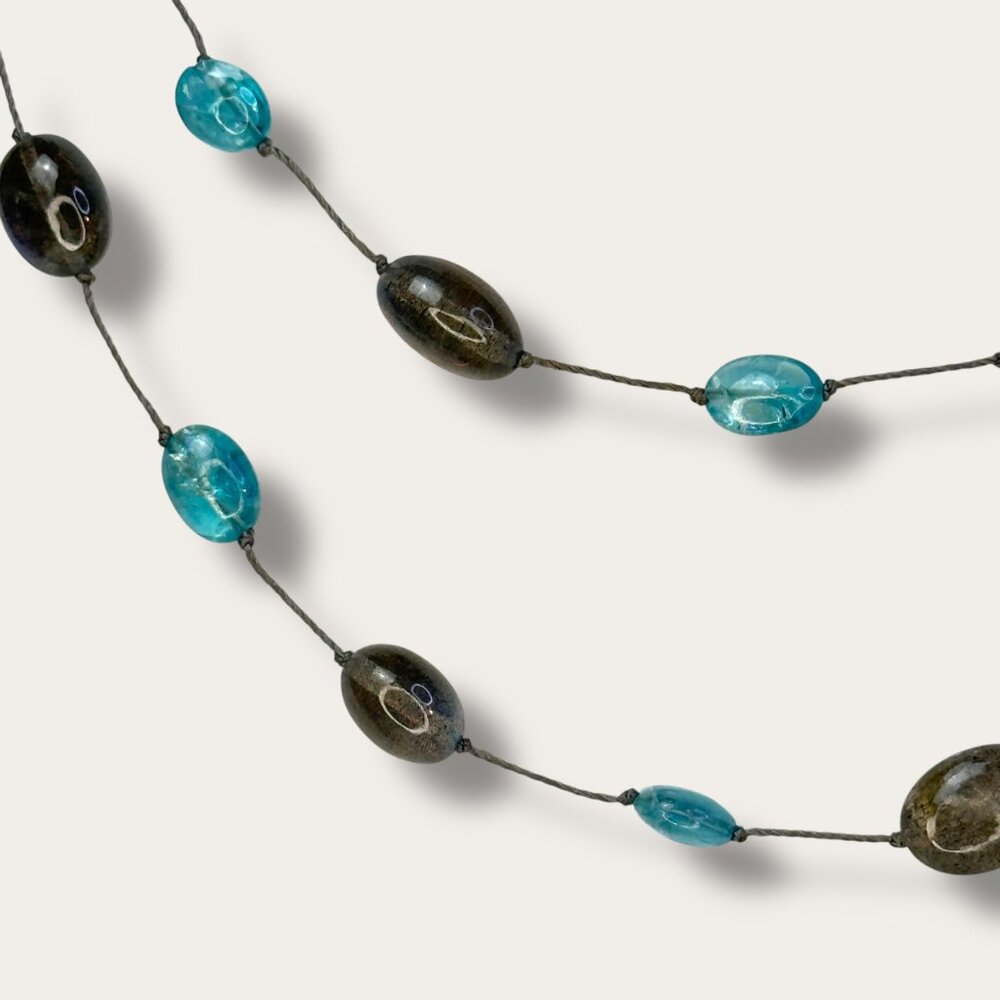 Handcrafted Sea Glass Bead Necklace Hand Knotted Aqua & Smoky Bead 36 inch EVC - Picture 2 of 13